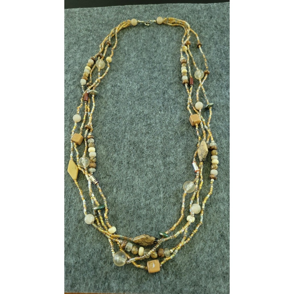 Earth Tone Multi Strand Beaded Necklace 24in 27g Boho Statement Layered